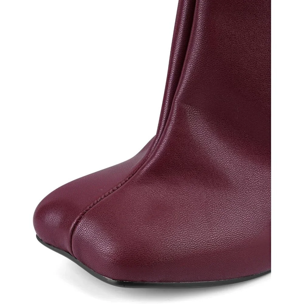 Women's Burgundy Pu Wide Calf Square Toe Stiletto Heels Knee High Suede Boots